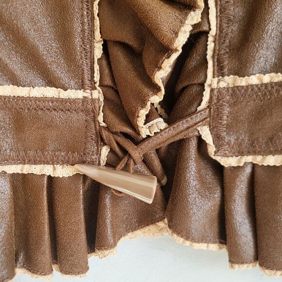 Y2K Luii Brown Faux Vegan Leather Ruffle Blazer Jacket. Sz L Crop Cinch Waist - Picture 8 of 11